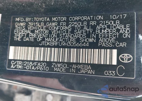 2017 Toyota Prius Two from USA, damaged, VIN JTDKBRFU9H3056644